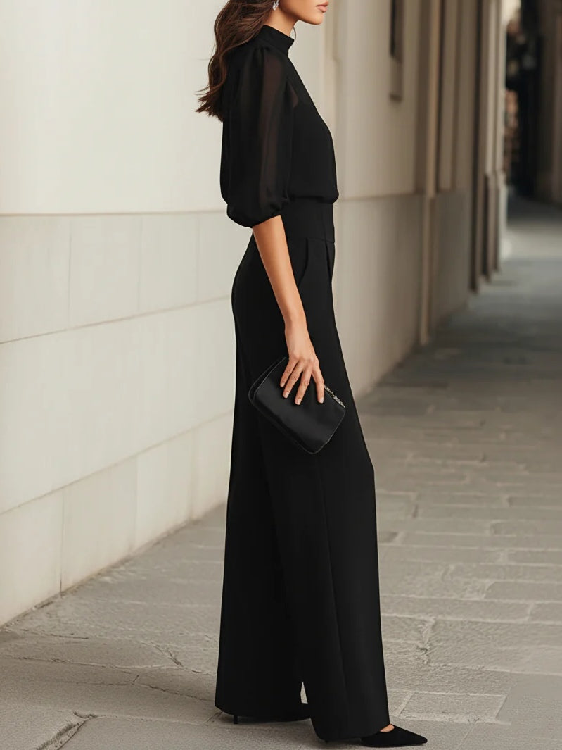 Valentina • Set da tre pezzi nero, composto da top camisole trasparente e pantaloni a gamba larga