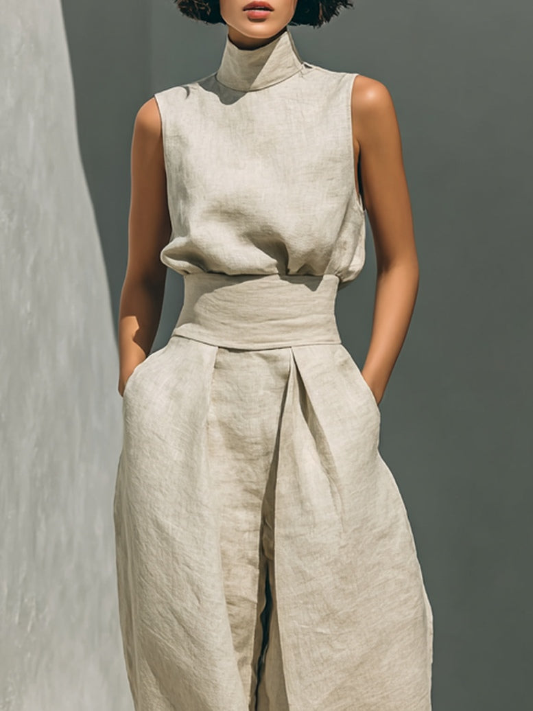 Aurora • Set composto da top senza maniche beige in misto cotone-lino finto e pantaloni a gamba larga