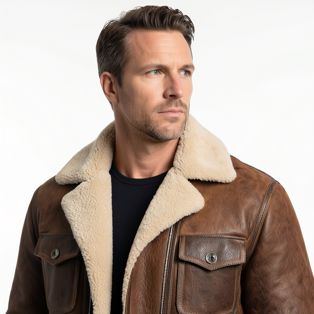 Giacca di Pelle Marrone Vintage con Fodera in Pelliccia Sintetica