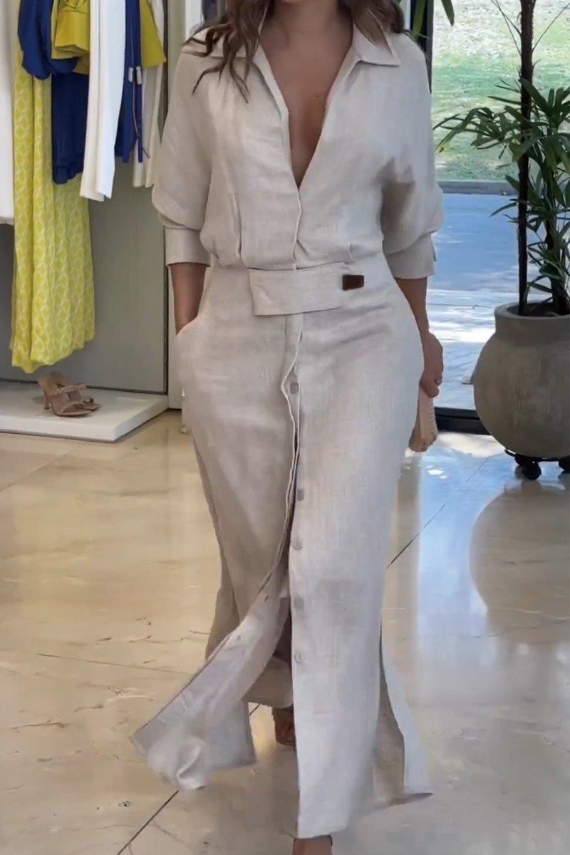 Jeanine™ | Abito lungo in lino con cintura