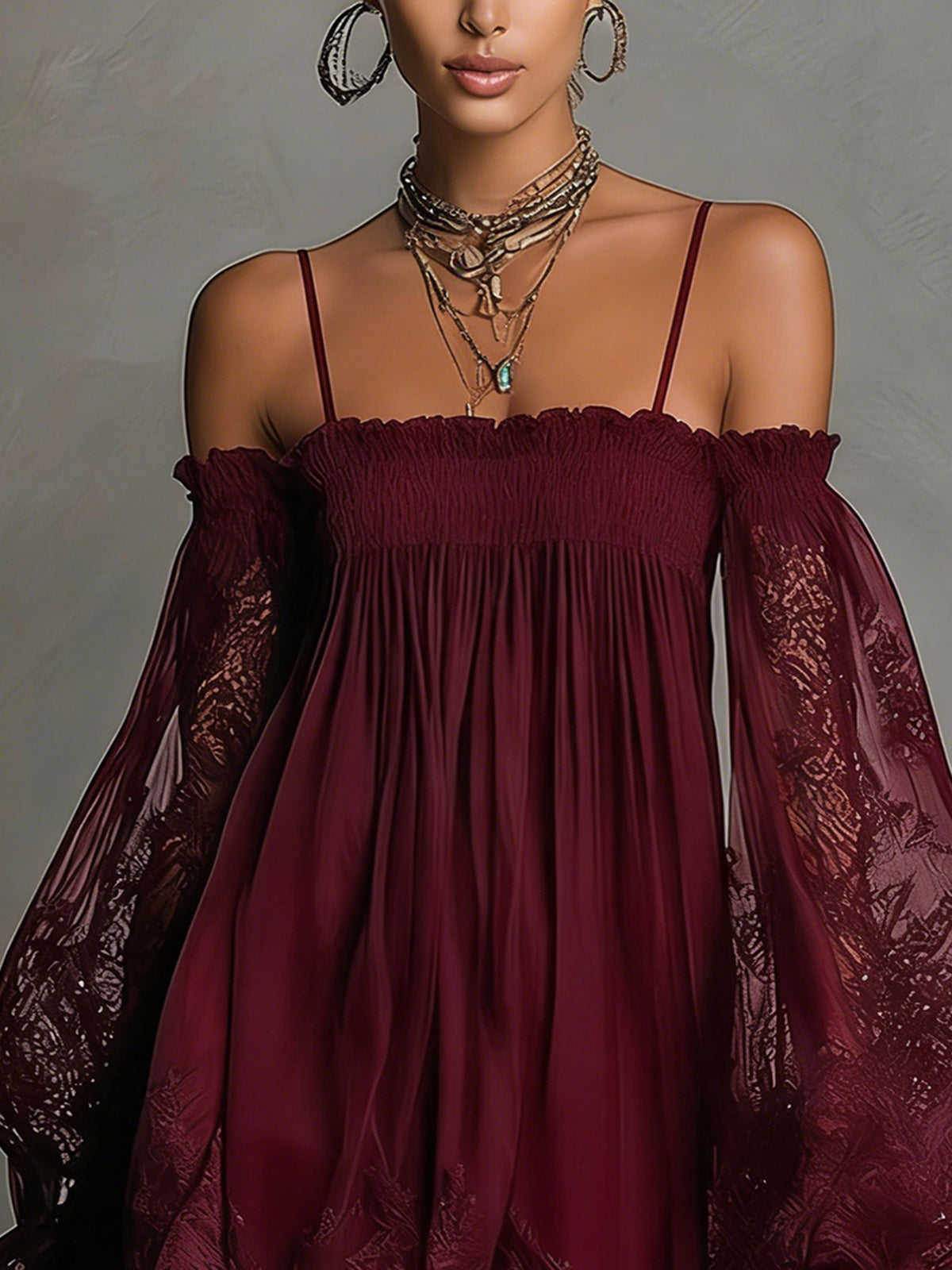 Noemi • Vestito mini in chiffon blu navy con scollo a spalle scoperte, bordo in pizzo e maniche trasparenti