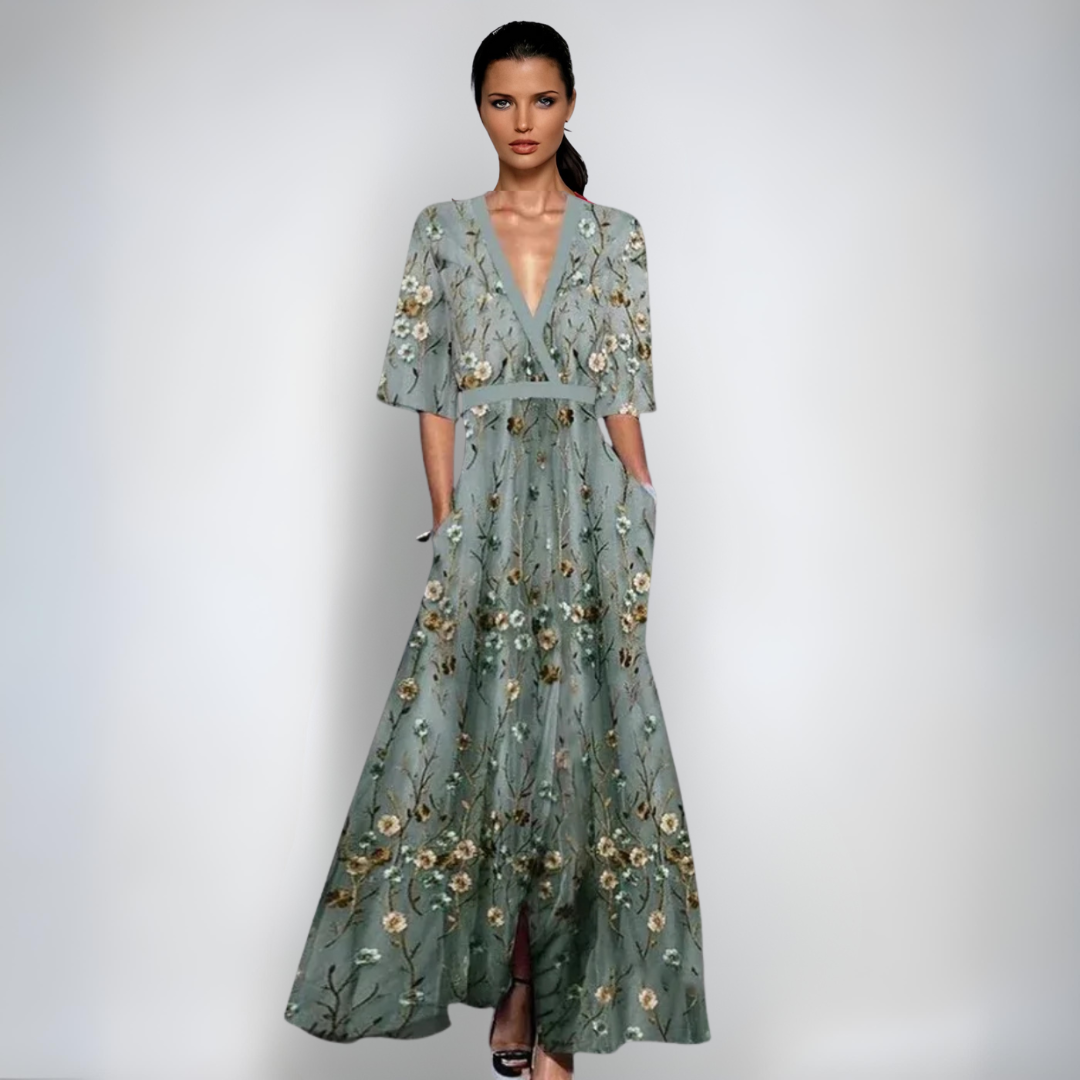 Ellis™ | Elegante maxi abito avvolgente a stampa artistica