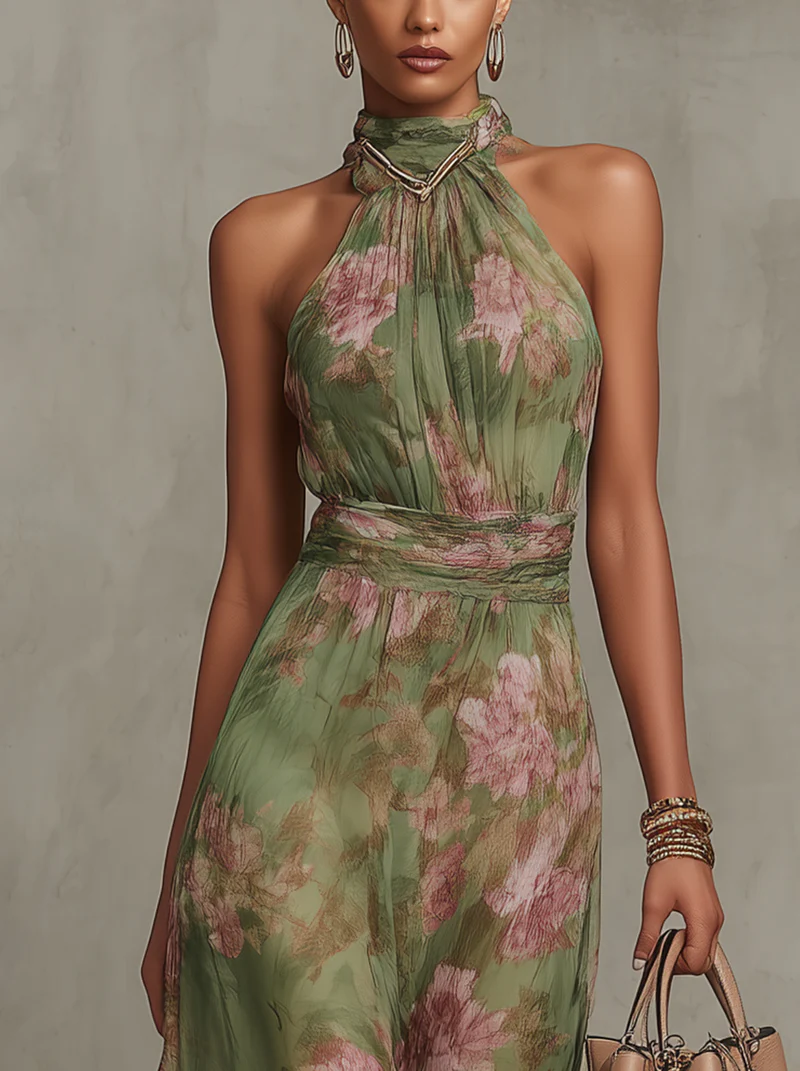 Serena ∙ Abito lungo verde floreale in chiffon con scollo a halter