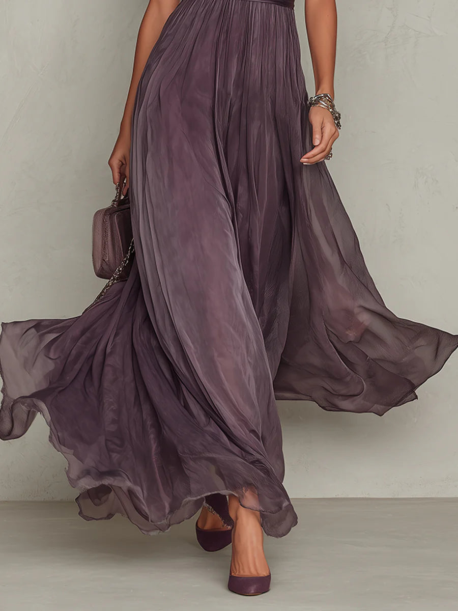 Flavia • Vestito lungo viola con scollo a chiave, bordo in pizzo di chiffon