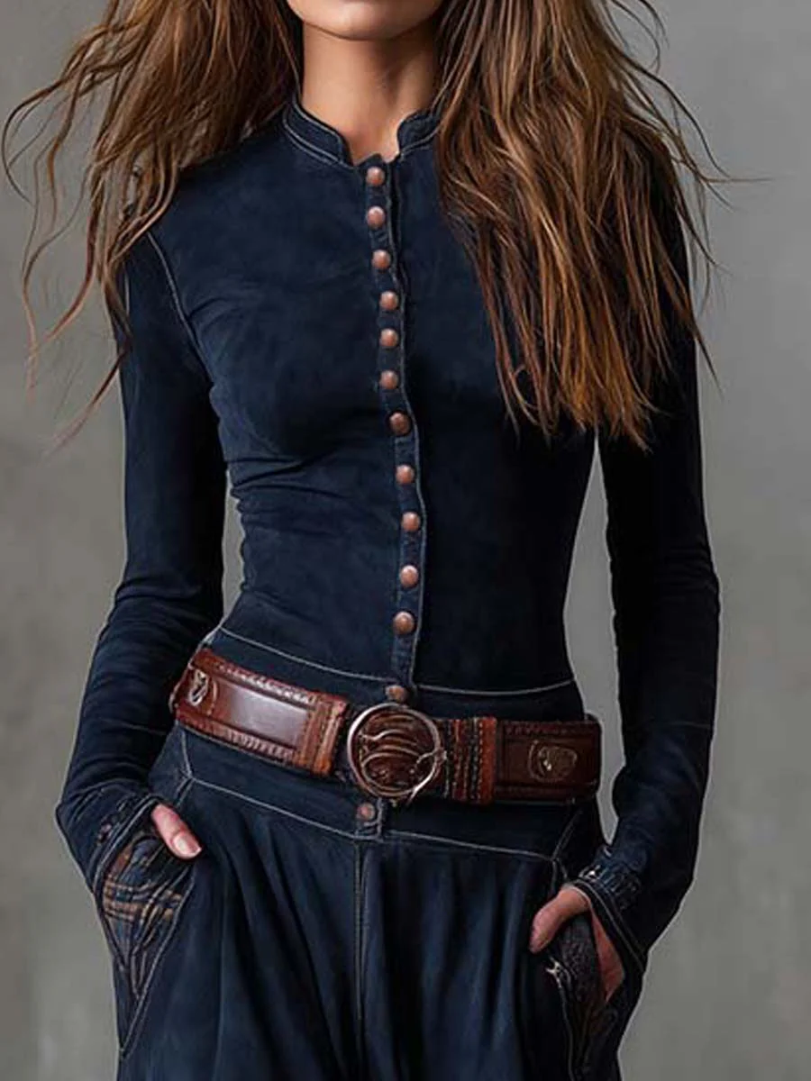 Martina · Vestito lungo vintage in camoscio a quadri blu navy