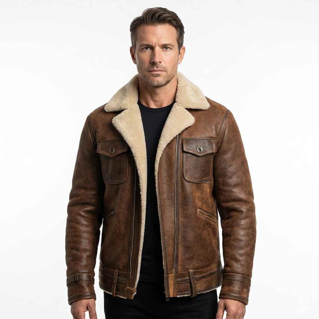 Giacca di Pelle Marrone Vintage con Fodera in Pelliccia Sintetica